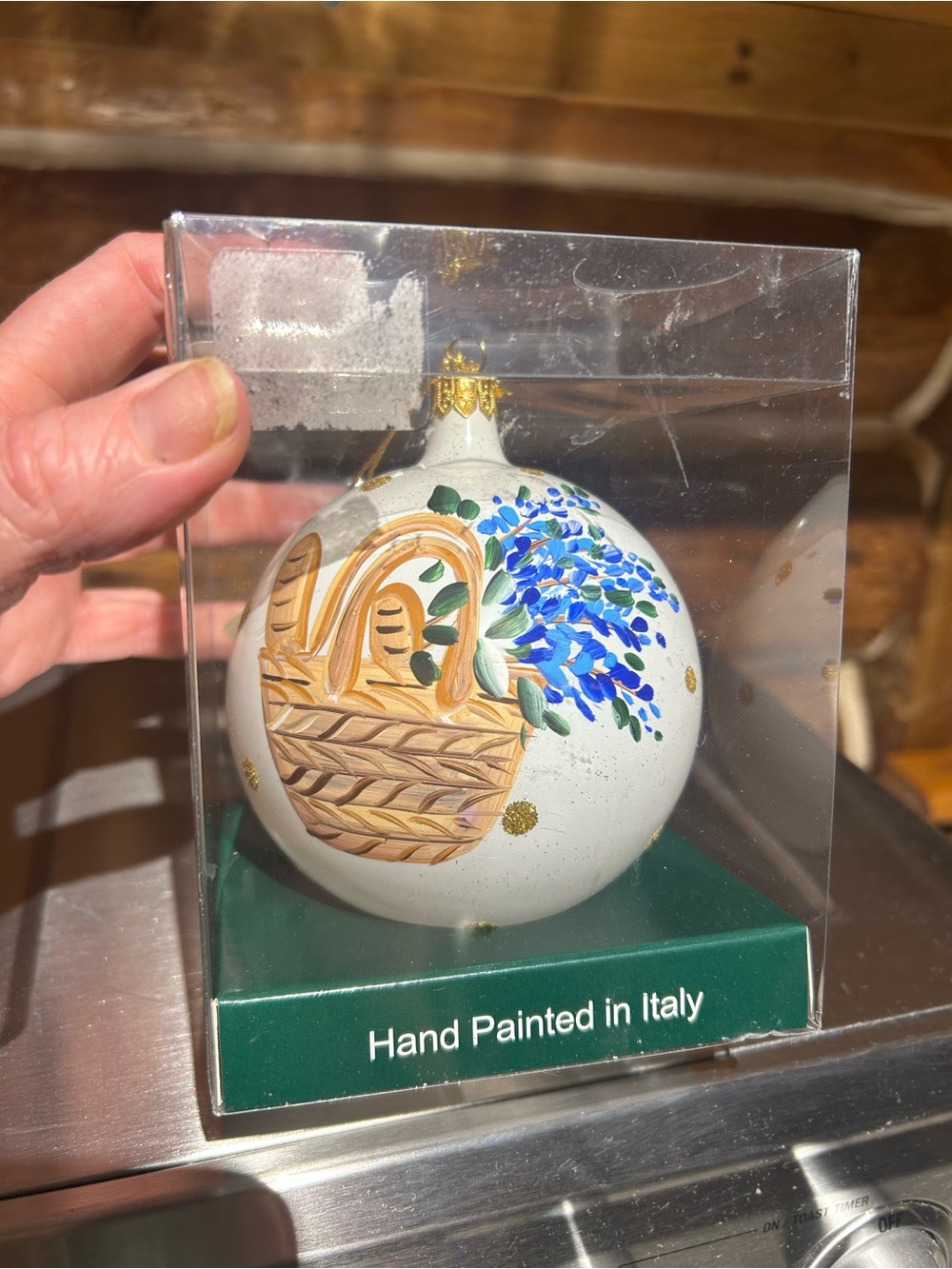 Hand-Painted White Holiday Ornament with Blue Floral Basket